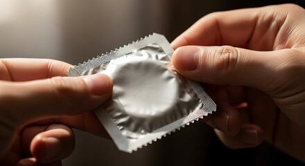Close-up of hands exchanging a condom, emphasizing safe sex practices and contraception.