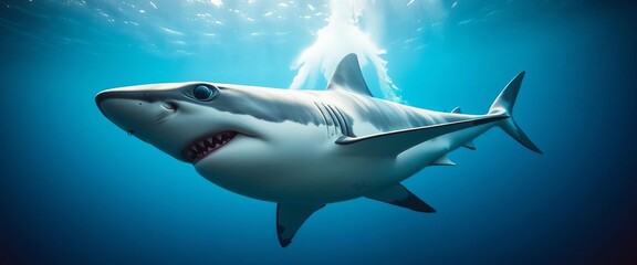 Naklejka premium Powerful great white shark underwater, hunting, ocean, white shark