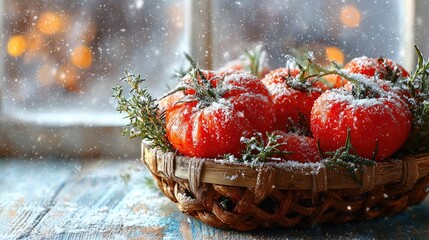 Snowy Basket Of Tomatoes By Window