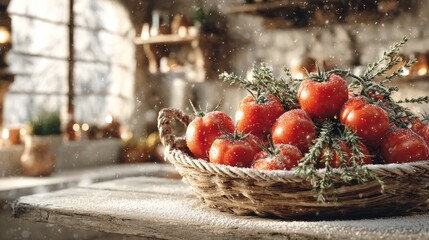 Rustic Basket Of Tomatoes With Herbs