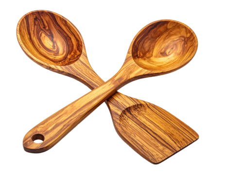 Two wooden kitchen utensils, a spoon & spatula, cross over each other