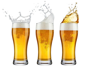 Three pint glasses of beer with various splash effects in liquid and foam