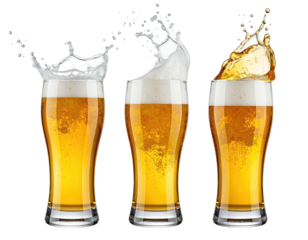 Three pint glasses of beer with various splash effects in liquid and foam
