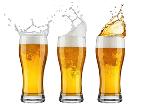 Three pint glasses of beer with various splash effects in liquid and foam