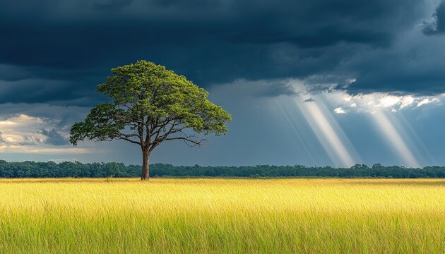 Single tree in a golden field, sunbeams piercing a dark sky