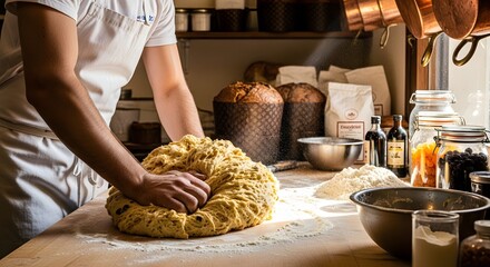 Baker kneading dough for panettone bread in kitchen artisan bakery concept