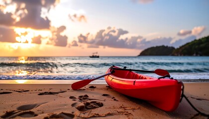 Red kayak on sandy beach at sunrise