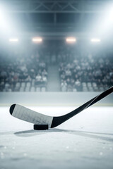 Hockey stick and puck on ice arena ice