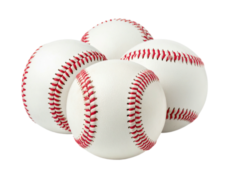 Four white baseballs with red stitching arranged in a close, slight, circular formation