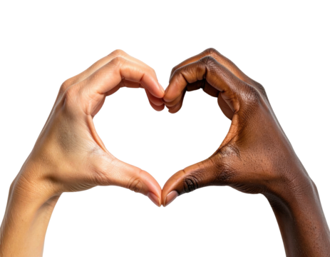 Interracial hands forming a heart shape against a black background - Powered by Adobe