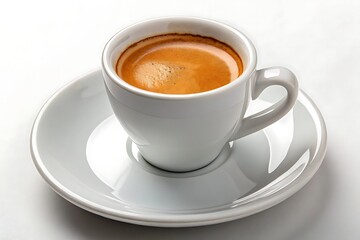 A freshly brewed rich espresso with a perfect crema sits in a classic white ceramic cup on a matching saucer