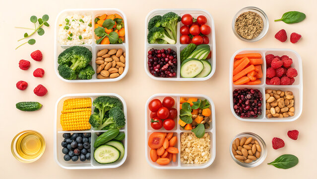 Colorful healthy meal prep containers filled with fresh fruits vegetables nuts and grains - Powered by Adobe