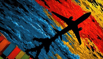 Jetliner silhouette over vibrant water & shipping containers