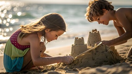 Siblings Building Sandcastle, Wet Hands Close-Up. Close focus on siblings building sandcastle; wet hands, natural textures, childlike joy by the sea.