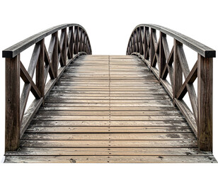 Obraz premium Wooden footbridge arches across empty space; perspective view