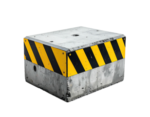 Concrete cube with black and yellow diagonal stripes on its perimeter