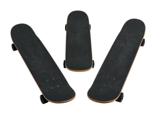 Three skateboards arranged in a shallow, slightly angled semi-circle, against black