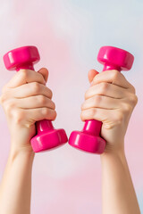 Hands holding pink dumbbells for fitness workout