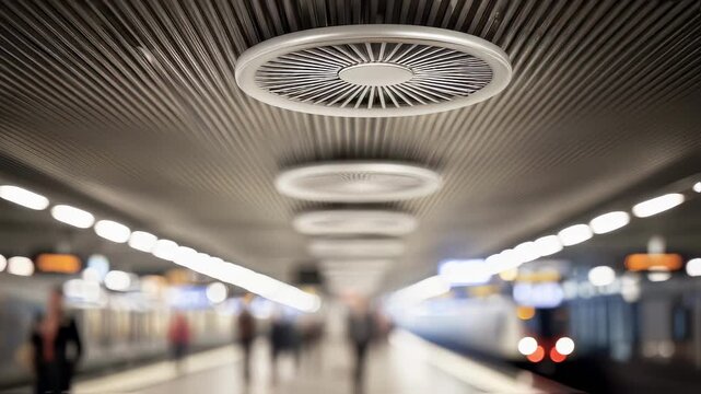 Modern ceiling with circular ventilation grilles in a busy subway station, focusing on the architectural details as blurred commuters wait on the platform and a train approaches in the background