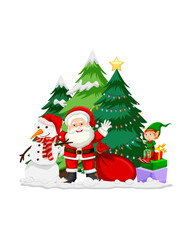 Festive Christmas scene with Santa Claus, a snowman, an elf, and decorated trees, perfect for holiday greetings and winter celebrations
