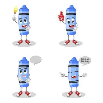 Cute Blue Crayon with Facial Expressions &ndash; Fun Stationery Illustration Characters. Cute and Playful Stationery Design.