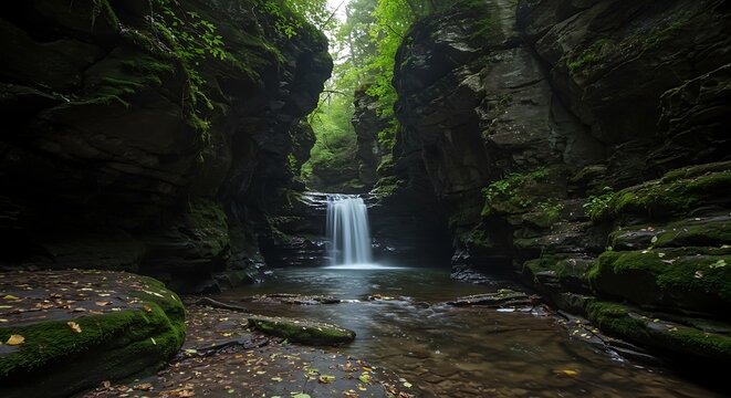Scenic waterfall flowing through a rocky canyon surrounded by lush vegetation