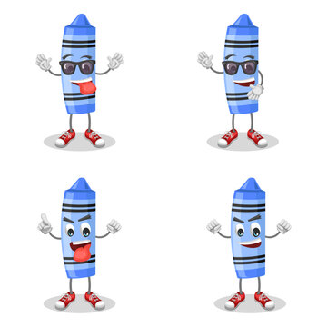 Cute Blue Crayon with Facial Expressions &ndash; Fun Stationery Illustration Characters. Cute and Playful Stationery Design.