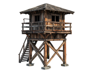 A weathered wooden watchtower with two stories, built on a cross-braced base
