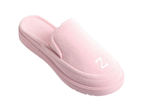 A pastel pink slipper, featuring a raised sole and simple "2" graphic
