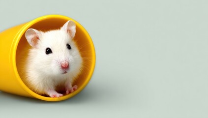 A small white hamster sits inside a yellow cone.