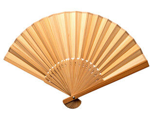 An open, natural-colored wooden fan. The slats are fanned out from a pivot point