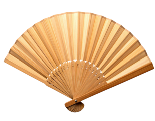 An open, natural-colored wooden fan. The slats are fanned out from a pivot point