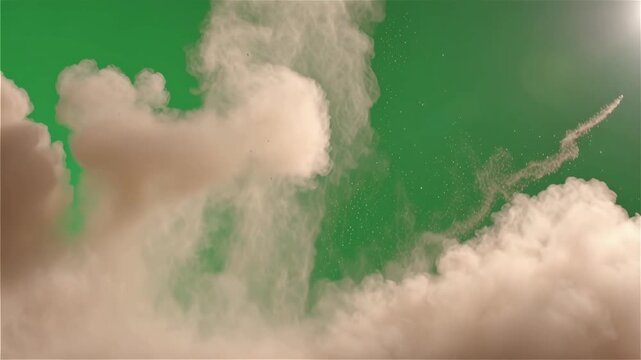 Dynamic sand explosion creating a dense dust cloud against a vibrant green screen for visual effects