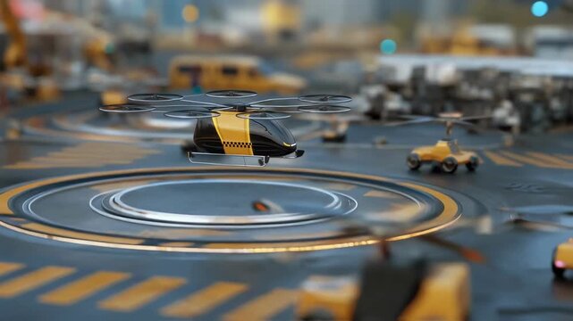 Autonomous passenger drone taxi landing on a charging station pad in a futuristic city, representing the future of urban mobility and innovative electric public transportation technology