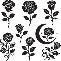 Eternal Rose Silhouettes: Intricate black rose silhouettes, exuding timeless beauty and elegance in diverse shapes, suitable for various design applications.