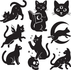 Mystical Cat Silhouettes: A charming collection of illustrated black cat silhouettes, each in a unique pose or symbolic setting. They celebrate mystery and allure of feline companions.