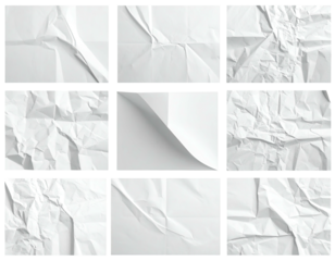 Nine squares of folded, crumpled, and bent white paper with textures