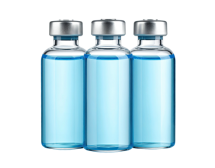 Three glass vials, each with silver cap and filled with a blue liquid