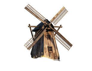 Rustic wooden windmill with blades, set against a transparent black background