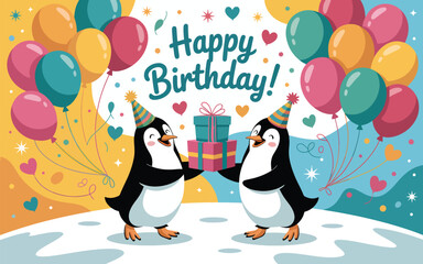 Two penguins celebrating happy birthday with gifts and balloons