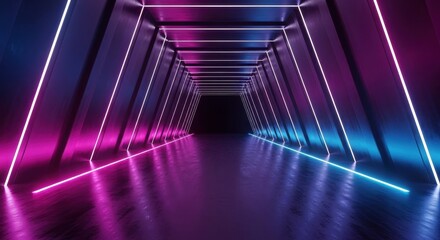 Futuristic neon corridor with glowing purple and blue lights, abstract geometric tunnel, digital art and technology concept