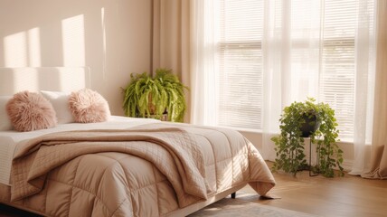 Stylish modern bedroom featuring a beige blackout roller blind and plastic window shutters concept modern bedroom beige roller blind plastic window shutters stylish decor home interior design