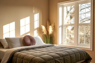 Stylish modern bedroom featuring a beige blackout roller blind and plastic window shutters concept modern bedroom beige roller blind plastic window shutters stylish decor home interior design