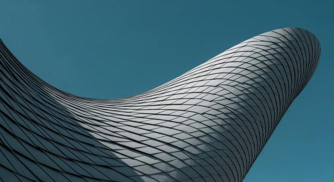 Majestic sweep of a modern architectural structure with a fluid, curving facade of metallic tiles against a clear minimalist sky