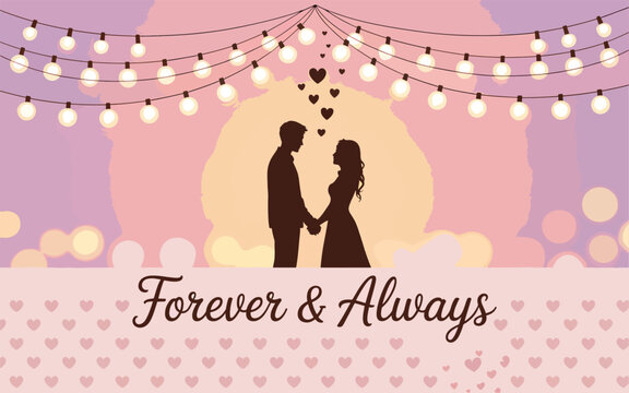 Vector wedding invitation card illustration with a dancing woman and a happy couple silhouette