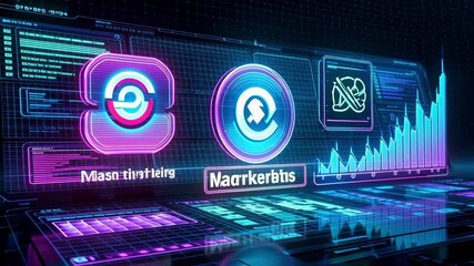 Futuristic digital dashboard with neon holographic interface, cryptocurrency analytics data, blockchain technology visualization
 - Powered by Adobe