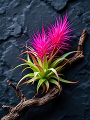 Macro artistic photo of tropical pink air plant flowers growing on twisted wood against dark background