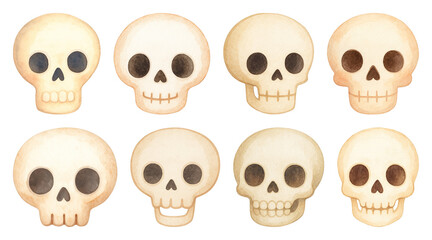Obraz premium PNG Watercolor skulls with unique expressions, element set on transparent background