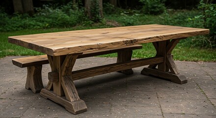 Rustic wooden table and bench outdoors against greenery