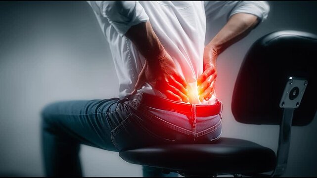 Person sitting on a chair holding lower back in pain, highlighted with red glow to illustrate backache, spinal discomfort, or sciatica caused by poor posture or long sitting hours. 